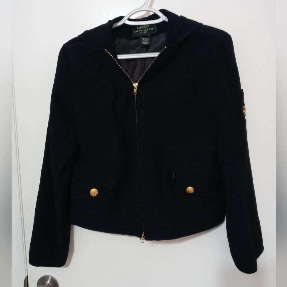 LAUREN RALPH LAUREN FULL ZIP WOMEN'S NAVY BLUE MILITARY STYLE WOOL JACKET W LOGO